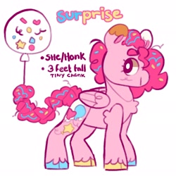 Size: 2048x2048 | Tagged: safe, artist:cocopudu, pinkie pie, oc, pegasus, pony, g4, alternate design, alternate name, balloon, chest fluff, cloven hooves, colored eartips, colored pinnae, confetti in mane, confetti in tail, female, folded wings, high res, kinsona, mare, mismatched hooves, mixed pronouns, neopronouns, no catchlights, redesign, reference sheet, simple background, solo, standing, unshorn fetlocks, white background, white pupils, wings