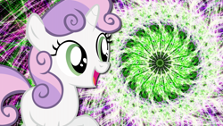 Size: 1920x1080 | Tagged: safe, artist:uxyd, edit, sweetie belle, pony, unicorn, g4, abstract background, female, filly, foal, happy, open mouth, open smile, smiling, solo, wallpaper, wallpaper edit