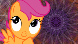 Size: 1920x1080 | Tagged: safe, artist:uxyd, edit, scootaloo, pegasus, pony, g4, abstract background, female, filly, foal, smiling, solo, spread wings, thinking, wallpaper, wallpaper edit, wings