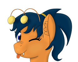 Size: 3000x2400 | Tagged: safe, artist:brightdrive, oc, oc only, breezie, pony, bust, cyberpunk, fangs, high res, looking at you, nighthaze, nose wrinkle, one eye closed, ponytail, portrait, simple background, solo, transparent background, wink, winking at you