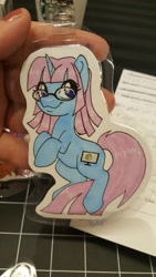 Size: 1152x2048 | Tagged: safe, artist:inkkeystudios, oc, oc only, pony, unicorn, badge, eye clipping through hair, glasses, looking at you, photo, solo, traditional art