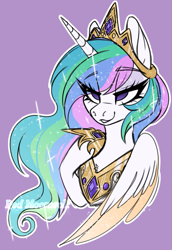 Size: 1113x1620 | Tagged: safe, artist:red_moonwolf, princess celestia, alicorn, pony, g4, chest fluff, colored wings, crown, eye clipping through hair, eyebrows, eyebrows visible through hair, eyeshadow, female, flowing mane, gradient wings, hair over one eye, jewelry, lidded eyes, looking up, makeup, mare, pointing at self, regalia, sassy, simple background, solo, violet background, watermark, wings