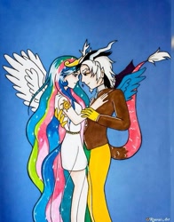 Size: 561x715 | Tagged: safe, artist:ryurai_cosplay, discord, princess celestia, human, g4, clothes, dress, female, humanized, male, ship:dislestia, shipping, straight, suit