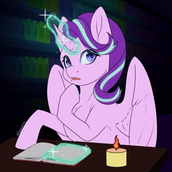 Size: 2569x2573 | Tagged: safe, artist:rcdesenhista, starlight glimmer, alicorn, pony, g4, alicornified, book, candle, female, glowing, glowing horn, high res, horn, magic, race swap, starlicorn, xk-class end-of-the-world scenario