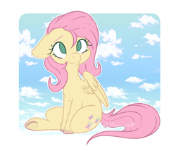 Size: 1400x1200 | Tagged: safe, artist:red_moonwolf, fluttershy, pegasus, pony, g4, blushing, cloud, colored eyebrows, cute, drawn from memory, ears back, female, floppy ears, frog (hoof), looking up, mare, no pupils, shyabetes, simple background, sitting, sky, solo, spread wings, transparent background, underhoof, watermark, wings