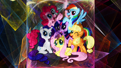 Size: 1920x1080 | Tagged: safe, artist:crunchnugget, artist:uxyd, edit, applejack, fluttershy, pinkie pie, rainbow dash, rarity, twilight sparkle, earth pony, pegasus, pony, unicorn, g4, abstract background, female, fractal, looking at you, mane six, mare, one eye closed, open mouth, open smile, smiling, smiling at you, unicorn twilight, wallpaper, wallpaper edit, wink