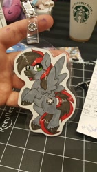 Size: 1152x2048 | Tagged: safe, artist:inkkeystudios, oc, oc only, pegasus, pony, badge, facial hair, goatee, looking at you, photo, smiling, spread wings, traditional art, unshorn fetlocks, wings