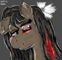 Size: 625x600 | Tagged: safe, artist:ray-pemmburge, oc, oc only, oc:daydream, earth pony, pony, bust, feather, female, gray background, lidded eyes, mare, portrait, simple background, smiling, solo