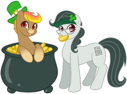 Size: 900x665 | Tagged: safe, artist:bumblebun, oc, oc only, earth pony, pony, clover, four leaf clover, glasses, gold, gold coins, happy, hat, holiday, looking at you, mouth hold, pot of gold, saint patrick's day, smiling