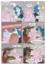 Size: 1280x1810 | Tagged: safe, artist:lolepopenon, oc, oc only, oc:idiom wright, oc:oliver, oc:sweet tales, earth pony, pony, unicorn, ask billie the kid, comic, drinking, female, glasses, hat, magic, male, mare, stallion, telekinesis, wet, wet mane