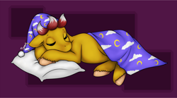 Size: 1200x665 | Tagged: safe, artist:bumblebun, oc, oc only, pony, blanket, eyes closed, floppy ears, pillow, solo, unshorn fetlocks