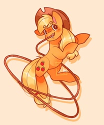 Size: 1707x2048 | Tagged: safe, artist:cocopudu, applejack, earth pony, pony, g4, cowboy hat, female, hat, lasso, looking at you, mare, mouth hold, orange background, rope, simple background