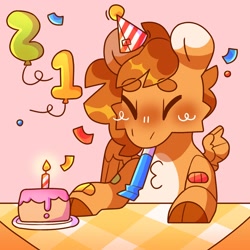 Size: 2500x2500 | Tagged: safe, artist:cocopudu, oc, oc only, oc:scooter (cocopudu), pony, cake, cloven hooves, confetti, food, happy birthday, hat, high res, party hat, party horn