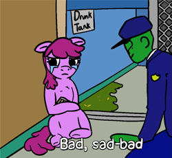 Size: 823x757 | Tagged: safe, artist:zan logemlor, berry punch, berryshine, oc, oc:anon, earth pony, human, pony, g4, crying, drunk, female, floppy ears, human male, male, mare, police, police officer, vomit