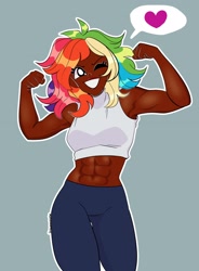 Size: 1506x2048 | Tagged: safe, artist:itssummerok, rainbow dash, human, g4, abs, alternate hairstyle, blue background, clothes, dark skin, female, grin, humanized, muscles, one eye closed, pants, simple background, smiling, solo, sweatpants, tank top, wink