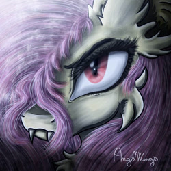 Size: 894x894 | Tagged: safe, artist:angelwingsmlpfim, fluttershy, bat pony, pony, g4, bat ponified, close-up, fangs, flutterbat, hair over one eye, looking at you, race swap, signature, solo