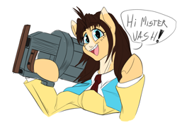 Size: 4961x3508 | Tagged: safe, artist:mekblue, pony, anime, big gun, female, looking at you, mare, millie thompson, ponified, simple background, sketch, smiling, smiling at you, solo, speech bubble, trigun, white background