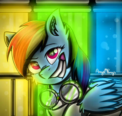 Size: 885x839 | Tagged: safe, artist:angelwingsmlpfim, rainbow dash, pegasus, pony, fanfic:rainbow factory, g4, fanfic art, goggles, grin, looking at you, signature, smiling, solo