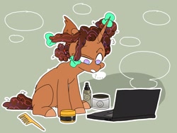 Size: 2048x1536 | Tagged: safe, artist:itssummerok, oc, oc only, pony, unicorn, computer, female, glowing, glowing horn, horn, laptop computer, unicorn oc