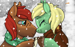 Size: 973x611 | Tagged: safe, artist:colorlesscupcake, oc, oc only, oc:rusty, oc:sweet pea, earth pony, pony, art trade, boop, carrot, clothes, duo, eyes closed, female, food, freckles, male, mare, noseboop, oc x oc, outdoors, scarf, shipping, smiling, snow, snowfall, snowman, stallion, unshorn fetlocks