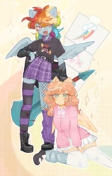 Size: 926x1448 | Tagged: safe, artist:lordmisaki, fluttershy, rainbow dash, anthro, g4, alternate hairstyle, clothes, electric guitar, female, fluttershy's cutie mark, guitar, jacket, kuromi, leather, leather jacket, lesbian, musical instrument, rainbow dash's cutie mark, sanrio, ship:flutterdash, shipping, skirt, socks