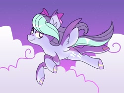 Size: 2048x1536 | Tagged: safe, artist:itssummerok, flitter, pegasus, pony, g4, bow, female, flying, hair bow, heart, heart eyes, looking at you, looking back, looking back at you, mare, solo, wingding eyes