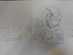 Size: 4608x3456 | Tagged: safe, artist:acid flask, oc, oc only, pony, 2d, art dump, campfire, drawing, female, fire, hug, hugging a pony, looking down, mare, paper, sketch, sketch dump, sketchbook, smiling, traditional art