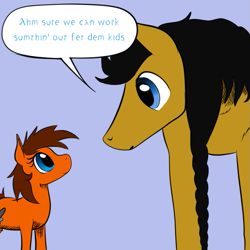 Size: 659x659 | Tagged: safe, artist:darkhestur, oc, oc only, oc:dark, oc:sugar, earth pony, pony, braid, duo, duo male and female, female, male, mare, simple background, size difference, speech bubble, stallion