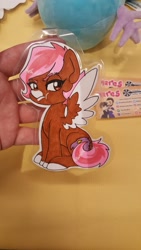 Size: 1152x2048 | Tagged: safe, artist:inkkeystudios, oc, oc only, pegasus, pony, badge, colored wings, colored wingtips, eyebrows, eyebrows visible through hair, female, grumpy, looking at you, photo, pouting, sitting, solo, spread wings, traditional art, two toned wings, wings