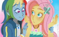 Size: 655x416 | Tagged: safe, artist:spring_feverrr, fluttershy, rainbow dash, human, equestria girls, equestria girls specials, g4, my little pony equestria girls: better together, my little pony equestria girls: rollercoaster of friendship, bracelet, clothes, comforting, duo, female, ferris wheel, holding hands, hug, hug from behind, jacket, jewelry, lesbian, looking at each other, looking at someone, necklace, scene interpretation, screenshot redraw, ship:flutterdash, shipping