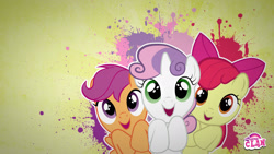 Size: 1920x1080 | Tagged: safe, artist:edwinprgtr, edit, apple bloom, scootaloo, sweetie belle, earth pony, pegasus, pony, unicorn, g4, cutie mark crusaders, female, filly, foal, looking at you, open mouth, open smile, smiling, smiling at you, sunburst background, trio, wallpaper, wallpaper edit, watermark