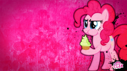 Size: 1920x1080 | Tagged: artist needed, safe, artist:edwinprgtr, edit, pinkie pie, earth pony, pony, g4, abstract background, cupcake, eating, female, food, mare, solo, wallpaper, wallpaper edit, watermark