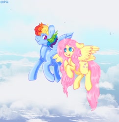Size: 1529x1573 | Tagged: safe, artist:plushplague, fluttershy, rainbow dash, bird, pegasus, pony, g4, cloud, duo, duo female, female, floppy ears, flying, grin, lesbian, looking at each other, looking at someone, mare, open mouth, open smile, ship:flutterdash, shipping, signature, sky, smiling, spread wings, wings
