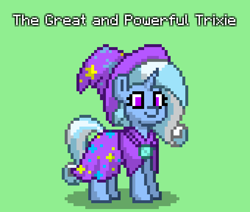 Size: 1020x864 | Tagged: safe, trixie, pony, unicorn, pony town, g4, accessory swap, cape, clothes, great and powerful, green background, hat, simple background, solo, trixie's cape, trixie's hat