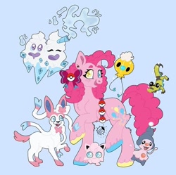 Size: 700x696 | Tagged: safe, artist:bug, gummy, pinkie pie, alligator, drifloon, jigglypuff, mime jr., pony, sandile, sylveon, vanilluxe, g4, bow, crossover, hair bow, heterochromia, poké ball, pokémon, pokémon team