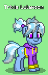 Size: 552x864 | Tagged: safe, trixie, pony, unicorn, pony town, g4, alternate hairstyle, babysitter trixie, clothes, green background, hoodie, pigtails, simple background, solo