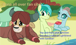 Size: 1152x686 | Tagged: safe, edit, edited screencap, screencap, ocellus, yona, changedling, changeling, pony, yak, g4, my little pony: friendship is magic, school daze, cloven hooves, implied ocelbar, implied shipping, implied straight, implied yonabar, male, meme, offscreen character, offscreen male, pond, sand, shipping, sitting, size difference, text, trio, water, wide eyes