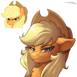 Size: 2500x2500 | Tagged: safe, artist:godoffury, artist:skitsroom, applejack, earth pony, pony, g4, alternate hairstyle, angry, female, frown, glare, hat, high res, looking at you, loose hair, mare, simple background, solo