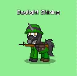 Size: 836x834 | Tagged: safe, oc, oc only, oc:daylight shining, pony, unicorn, fallout equestria, pony town, assault rifle, clothes, gas mask, green background, gun, horn, m16, mask, military, rifle, simple background, solo, unicorn oc, weapon