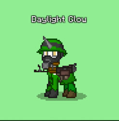 Size: 830x841 | Tagged: safe, oc, oc only, oc:daylight glow, oc:daylight shining, pony, unicorn, fallout equestria, pony town, clothes, gas mask, green background, gun, helmet, horn, m60, mask, military, simple background, solo, torn clothes, unicorn oc