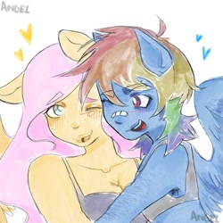 Size: 834x834 | Tagged: safe, artist:angelsduster, fluttershy, rainbow dash, anthro, equestria girls, g4, bra, clothes, female, folded wings, heart, hug, lesbian, ship:flutterdash, shipping, smiling, underwear, wings