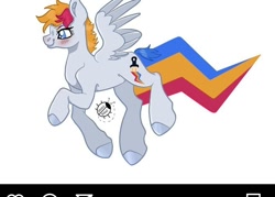 Size: 702x504 | Tagged: safe, artist:bug, oc, oc only, oc:art attack, pegasus, pony, blue eyes, blue tail, colored wings, female, female oc, mare, mare oc, pegasus oc, pony oc, rainbow lightning, red hair, red mane, silver coat, silver fur, silver pony, simple background, solo, tail, two toned hair, two toned mane, two toned wings, white background, wings, yellow hair, yellow mane