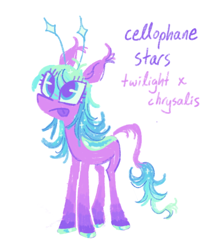 Size: 472x565 | Tagged: safe, artist:webkinzworldz, oc, oc only, oc:cellophane stars, changeling, earth pony, hybrid, pony, g4, :p, antennae, blue eyes, changeling hybrid, colored hooves, ear tufts, gradient legs, gradient mane, gradient tail, hoof polish, hybrid oc, leonine tail, magical lesbian spawn, next generation, offspring, parent:queen chrysalis, parent:twilight sparkle, parents:twisalis, simple background, solo, sparkly mane, sparkly tail, standing, tail, teal eyes, tongue out, white background