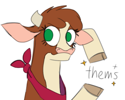 Size: 723x580 | Tagged: safe, artist:nonameorous, arizona (tfh), cow, them's fightin' herds, bandana, cloven hooves, community related, looking away, simple background, smiling, solo, sparkles, text, white background