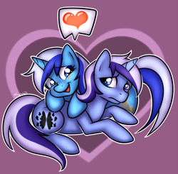 Size: 960x941 | Tagged: safe, artist:bumblebun, minuette, oc, pony, unicorn, g4, blushing, heart, lying down, not minuette, open mouth, open smile, prone, sad, smiling