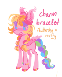 Size: 481x597 | Tagged: safe, artist:peaceandlove26, oc, oc only, oc:charm bracelet, pegasus, pony, g4, blank flank, blue eyes, bracelet, braid, braided ponytail, braided tail, colored eyelashes, colored hooves, colored wings, ear tufts, female, female oc, hair tie, hooves, jewelry, long mane, long tail, magical lesbian spawn, mare oc, multicolored hair, multicolored mane, multicolored tail, next generation, offspring, open mouth, open smile, parent:fluttershy, parent:rarity, parents:flarity, pegasus oc, pink hooves, pink wings, ponytail, purple eyelashes, shiny hooves, shiny mane, shiny tail, simple background, smiling, solo, standing, tail, tall ears, three quarter view, three toned mane, three toned tail, tied mane, two toned wings, white background, wings