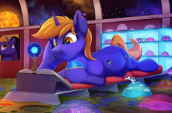 Size: 2000x1320 | Tagged: safe, artist:tsitra360, oc, oc:aether lux, oc:snap fable, pony, unicorn, book, changeling kingdom, commission, container, cosmic wizard, giant pony, giga giant, macro, male, micro, petri dish, planet, pony bigger than a galaxy, pony bigger than a planet, pony bigger than a solar system, pony bigger than a star, pony bigger than a universe, pony heavier than a black hole, ponyville, size difference, space, stallion, sun, wizard