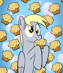 Size: 1345x1566 | Tagged: safe, artist:nonameorous, derpy hooves, pegasus, pony, g4, blue background, bubble, cross-eyed, female, food, hoof hold, muffin, simple background, solo, wings