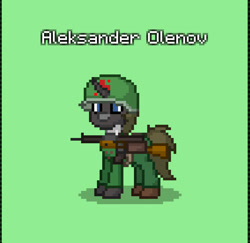 Size: 851x826 | Tagged: safe, oc, oc only, oc:aleksander olenov, pony, unicorn, ashes town, pony town, clothes, green background, horn, military uniform, ppsh-41, simple background, solo, soviet union, unicorn oc, uniform, world war ii