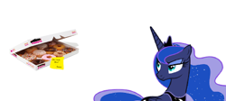 Size: 2800x1252 | Tagged: safe, princess celestia, princess luna, alicorn, pony, g4, box of donuts, cake, donut, dunkin donuts, female, food, implied princess celestia, mare, simple background, smiling, smug, solo, sticky note